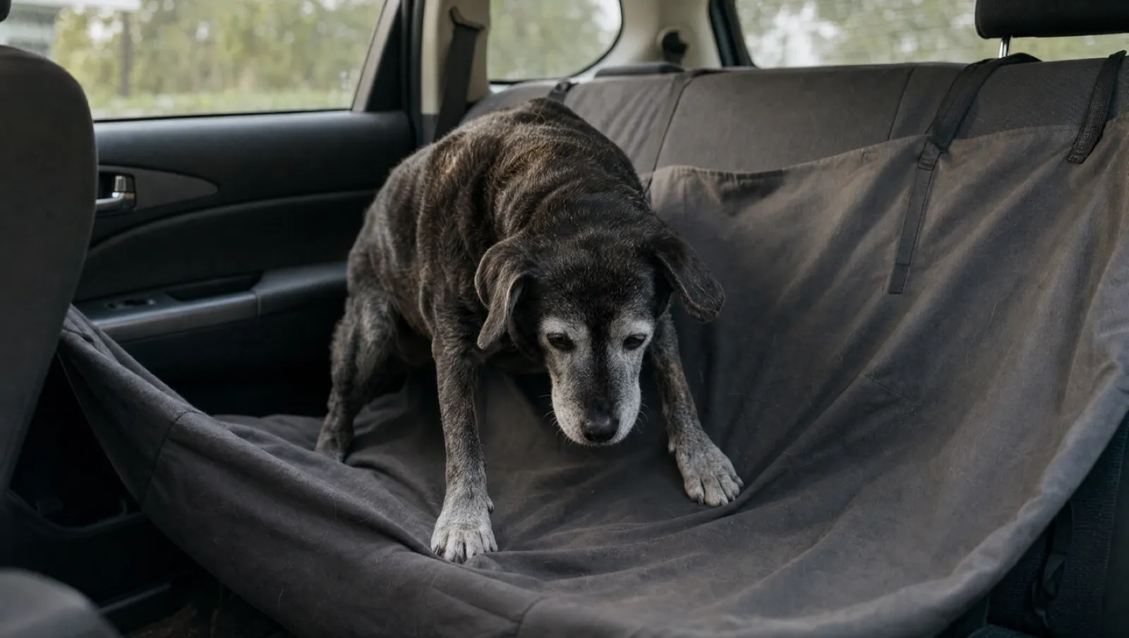 Cane anziano in piedi su un telo copri-sedile economico che sprofonda al centro, instabile in auto