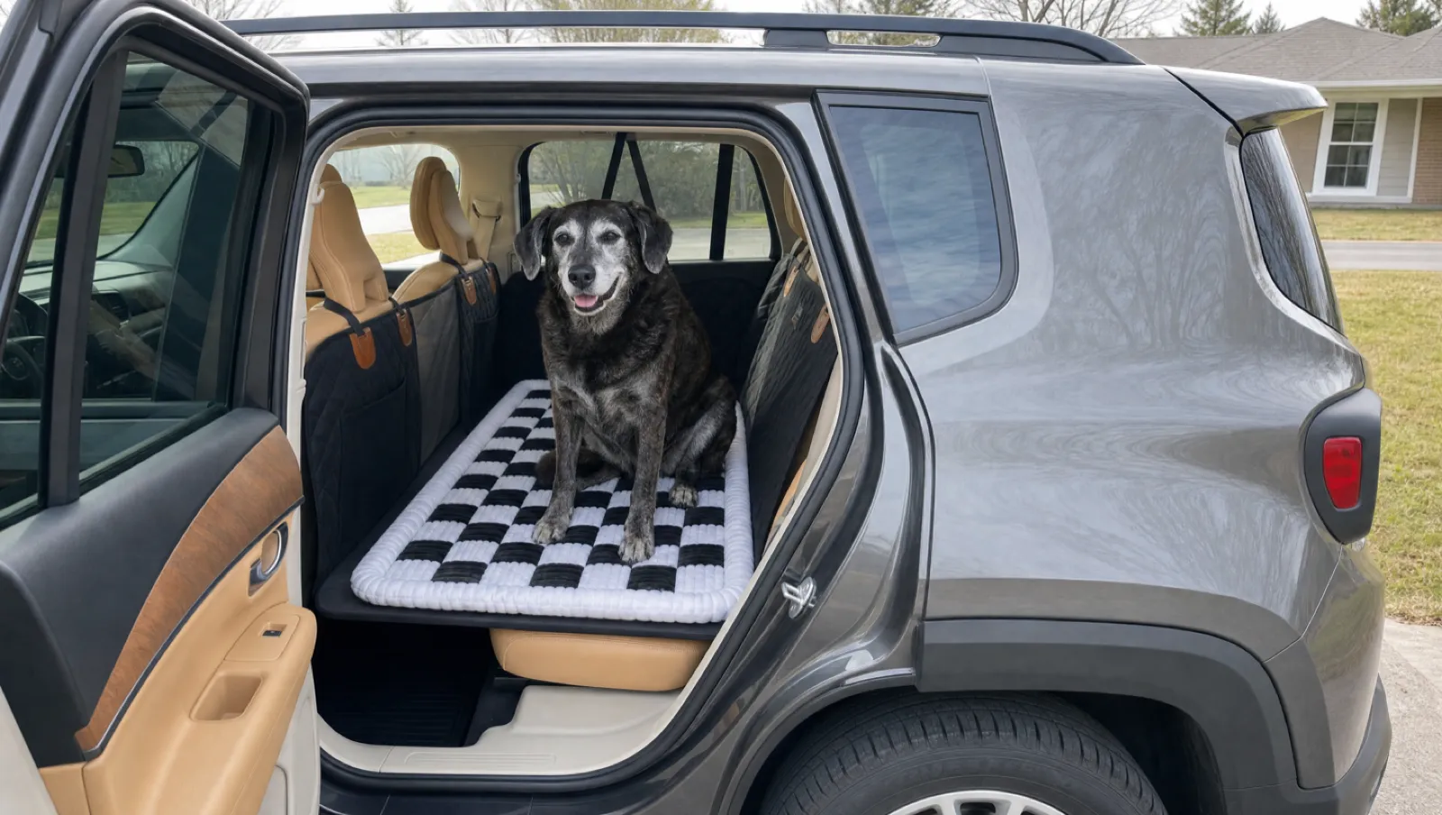 Cane anziano seduto tranquillo su un coprisedile a base rigida nel bagagliaio di una Jeep grigia