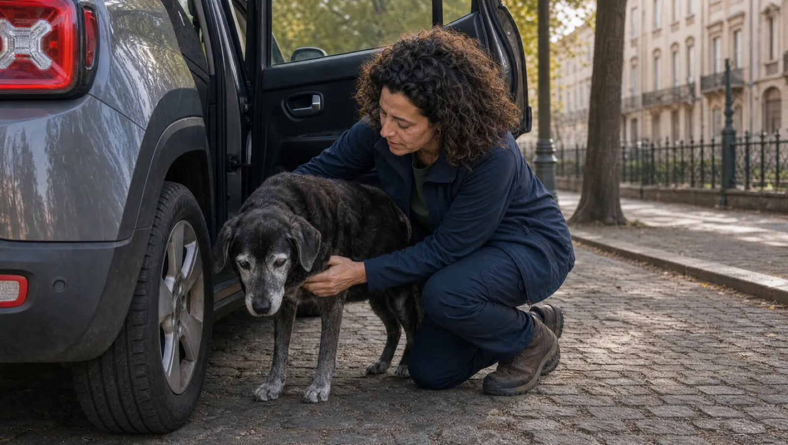 Raffaella accovacciata in strada accanto all'auto conforta il suo cane anziano, provato dopo il viaggio